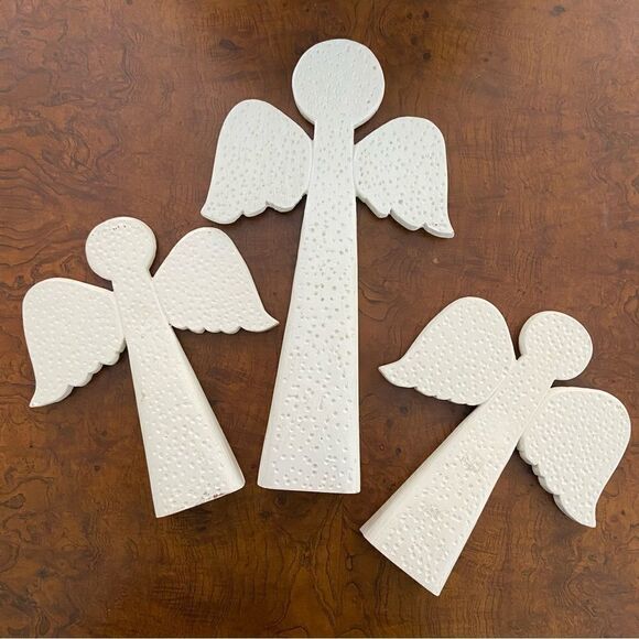 Set of three vintage modernist mid century carved wood Christmas angels white - Picture 5 of 5